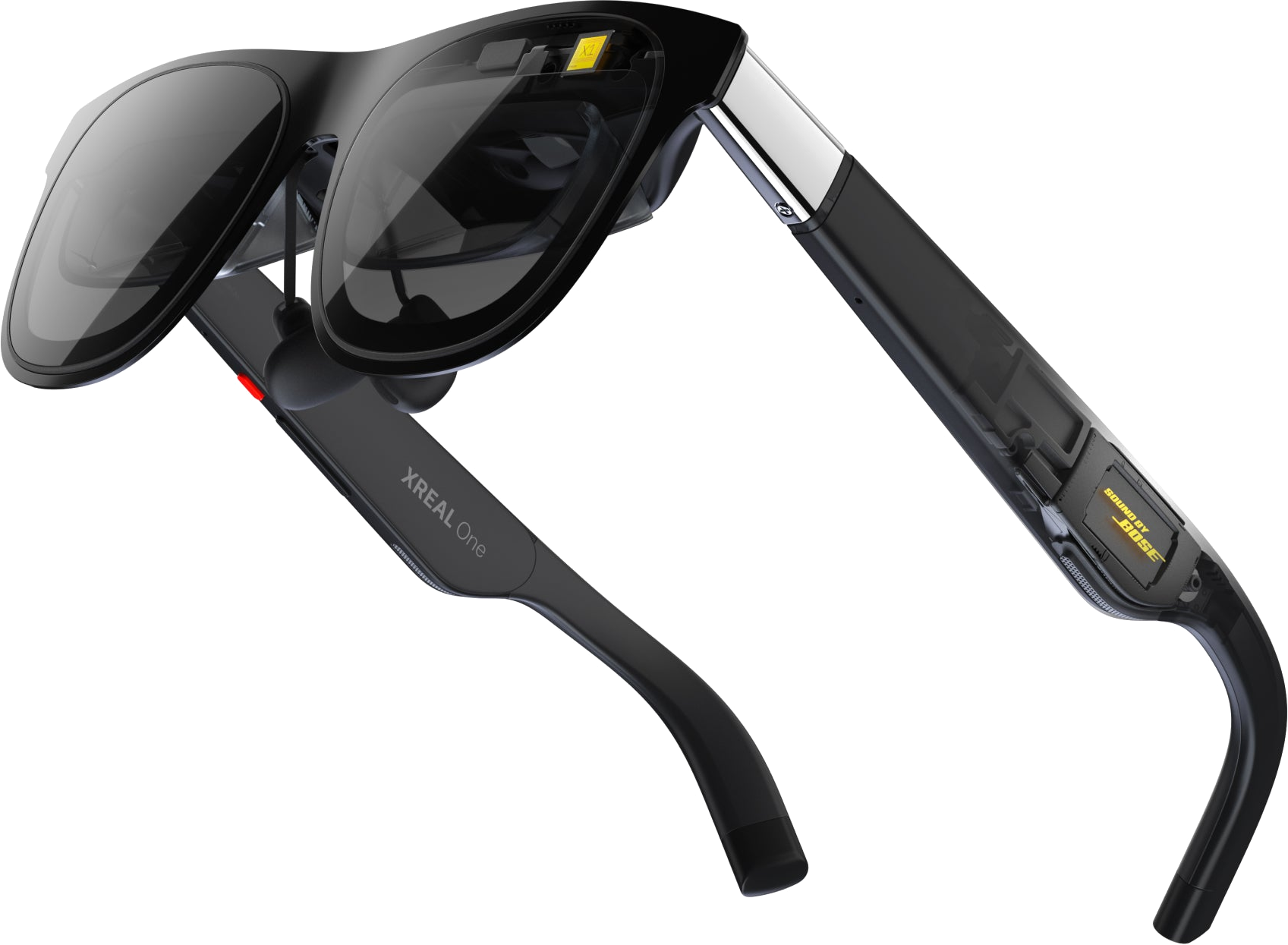 XREAL One AR glasses, a lightweight pair of display glasses that render a large floating 3D screen.