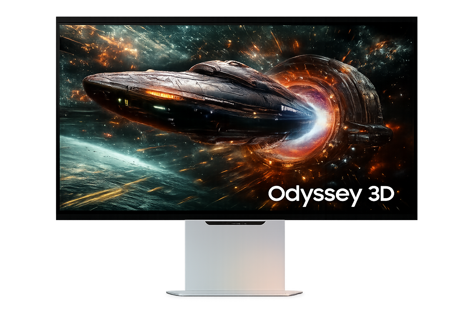 Samsung Odyssey 3D glasses-free 3D gaming monitor displaying a spaceship in stereoscopic depth.