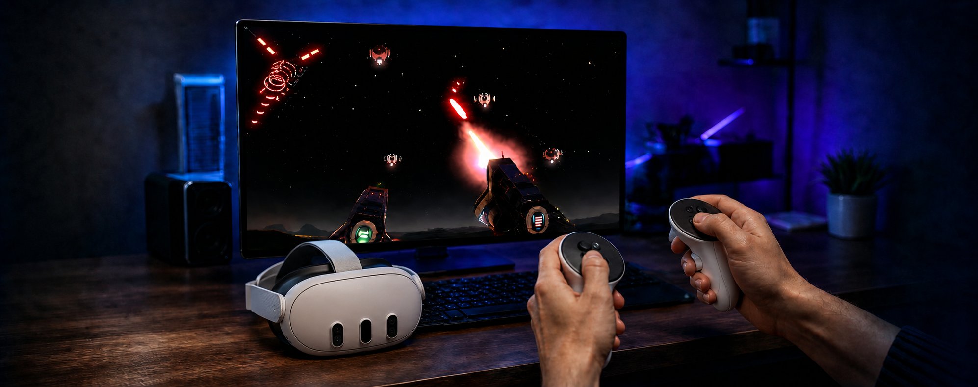 Hands holding Quest VR controllers in front of a desktop monitor running a SteamVR space combat game; the Quest headset rests on the desk in front of the monitor.