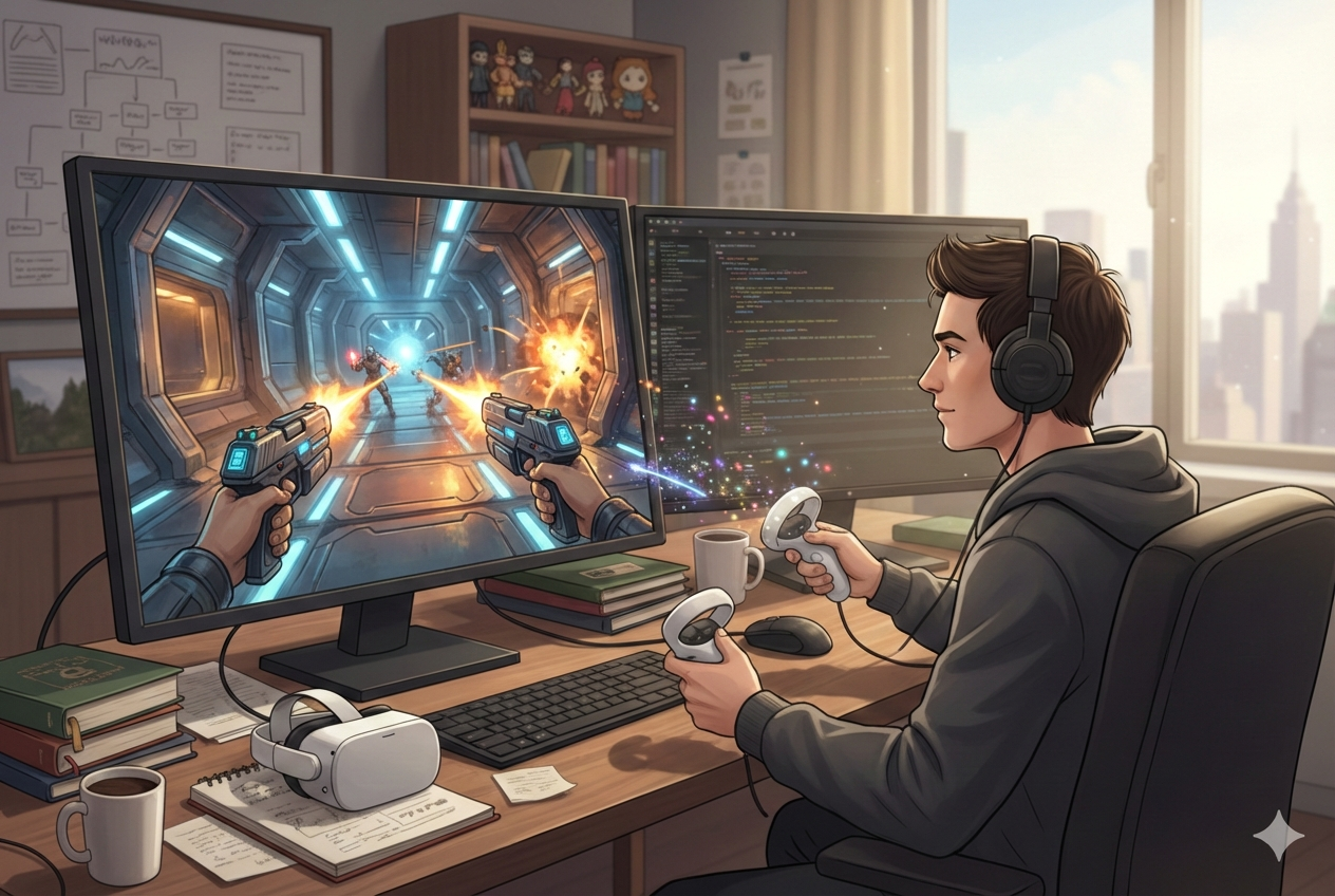 A developer testing a VR build on a desk monitor.